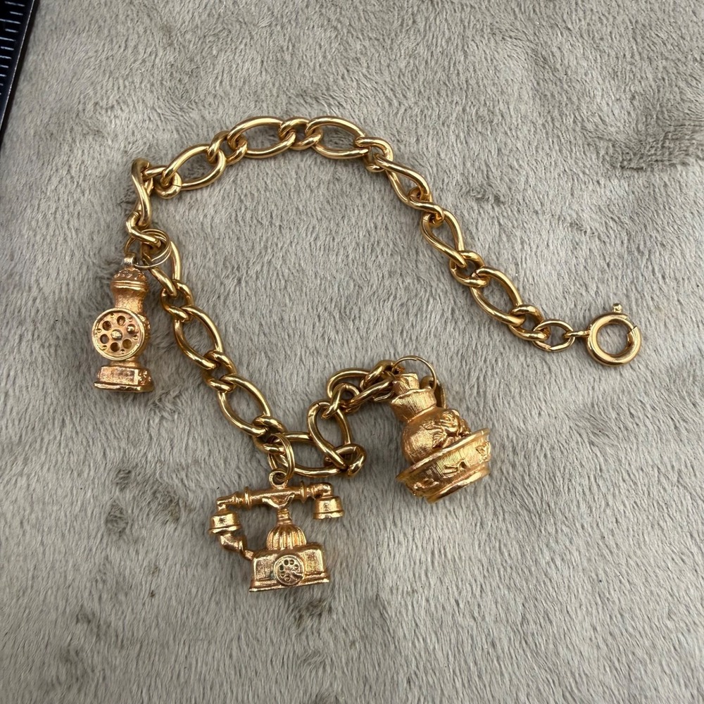 Vintage Avon Charm‎ Bracelet Gold Tone Phone Coffee Grinder